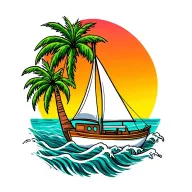 white sailboat, sunrise background, island palm tree. ocean waves, bright and vibrant colors tattoo design idea