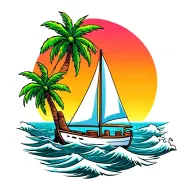 white sailboat, sunrise background, island palm tree. ocean waves, bright and vibrant colors tattoo design idea