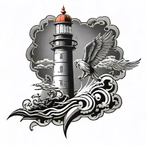 lighthouse pierced by a sword. flaming pegasus flying around it. tattoo design idea