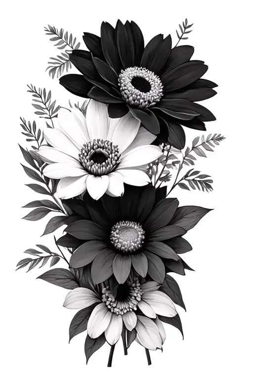 flower bouquet, including a black and white anemone and dalia along with other complimentary flowers tattoo design idea