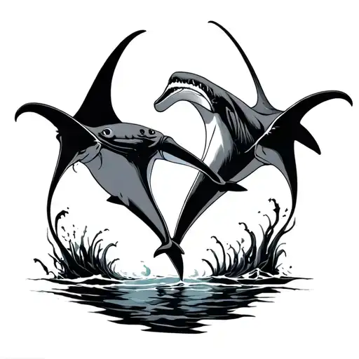 Manta Ray ans dolphin ans shark fin emerging tattoo design idea