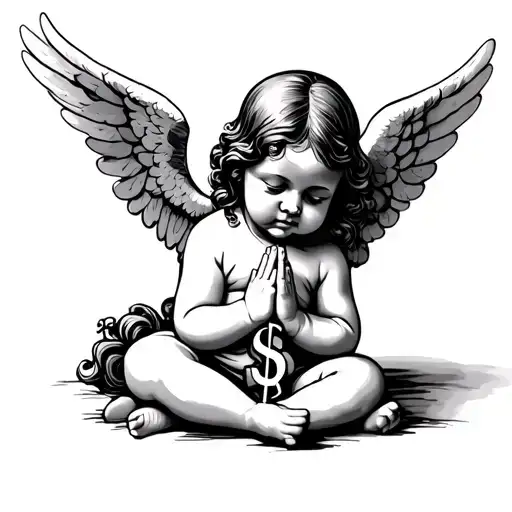 baby Angel praying with dollar sign in back of the hand tattoo design idea