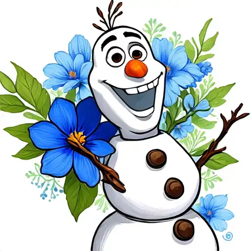 olaf the snowman from frozen with a blue flower as the background tattoo design idea
