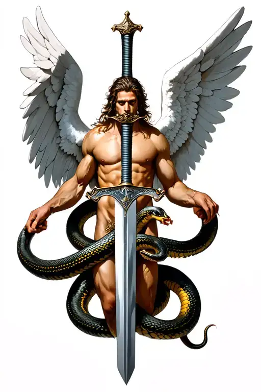 Arch Angel Michaels body with a sword crushing snake wrapped around sword tattoo design idea