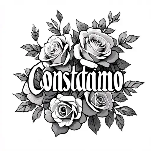 The word “Constantino” interlinked with a bouquet of roses, small, dainty, and fineline. Make the word horizontal tatoo tattoo design idea