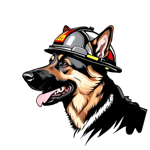 side profile German shepherd wearing a fire helmet tattoo design idea