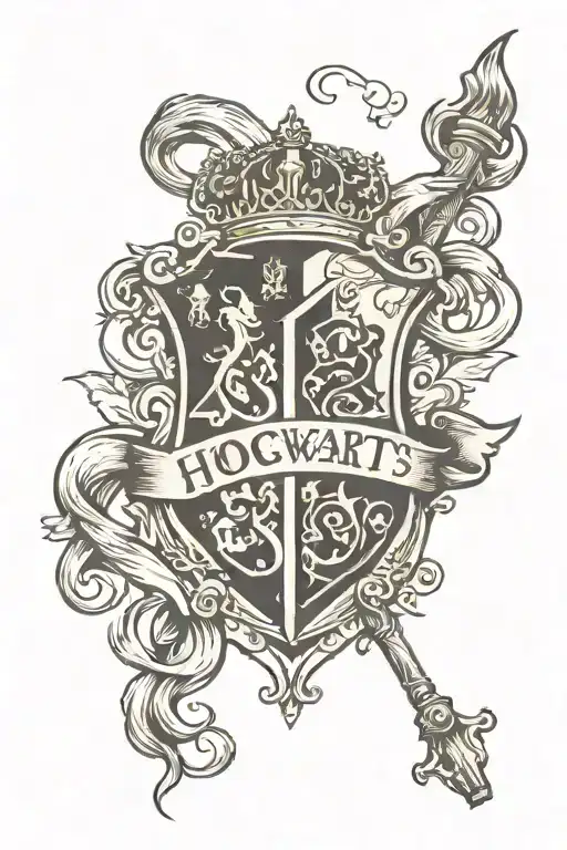 hogwarts house crest incorporating platform 9 3/4 and wand tattoo design idea