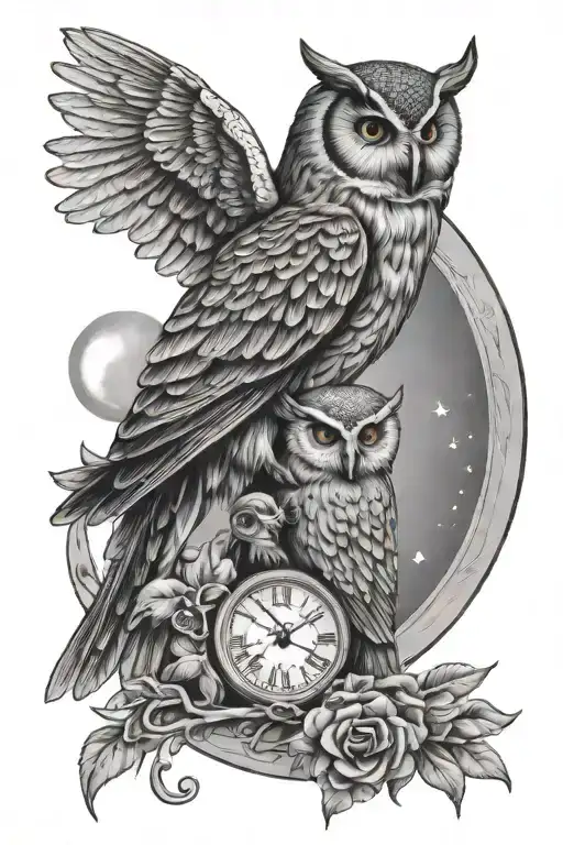 Athena and owl and moon tattoo design idea