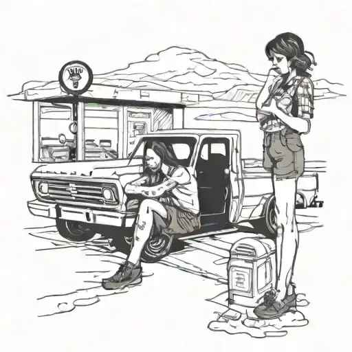 Girl sitting in a flatbed ford on a gas station in Arizona in the desert tattoo design idea