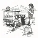 Girl sitting in a flatbed ford on a gas station in Arizona in the desert tattoo design idea