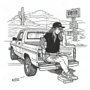 Girl sitting in a flatbed ford on a gas station in Arizona in the desert tattoo design idea