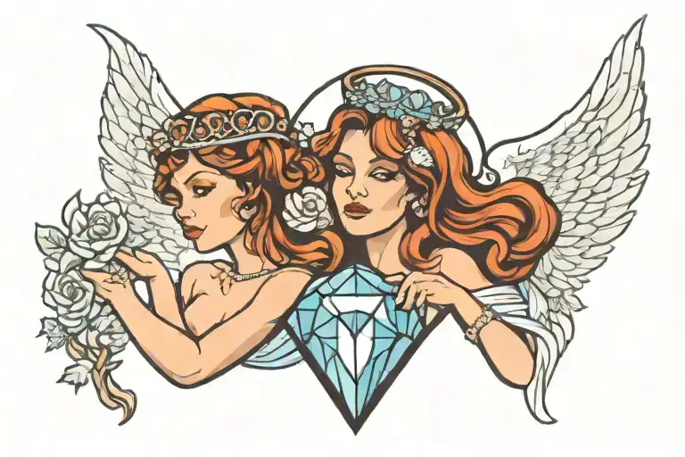2 angels  holding a diamond tattoo design idea