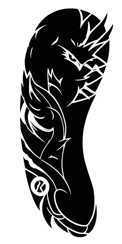 detailed sleeve with symbols of competence and calm. includes a subtle Dragonite pokemon tattoo design idea