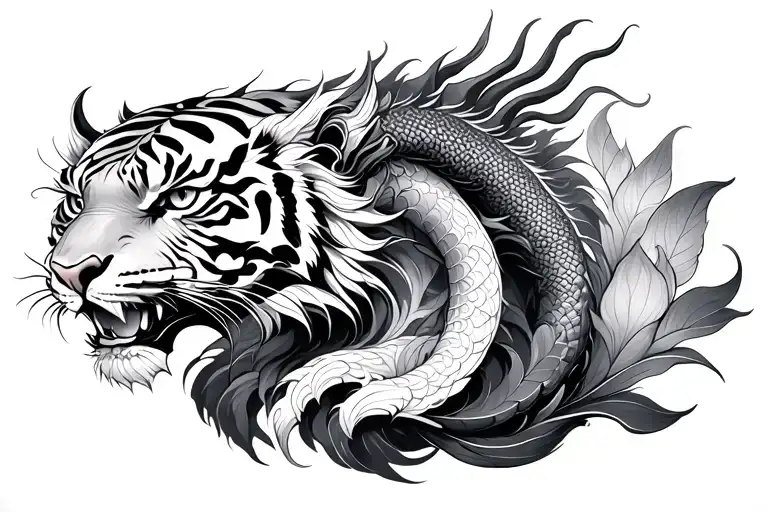 tiger and dragon with lotus mandala tattoo design idea