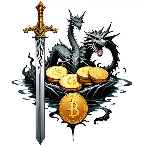 Gold coins on the top with a dragon and monsters in it, have a sword and a swamp tattoo design idea