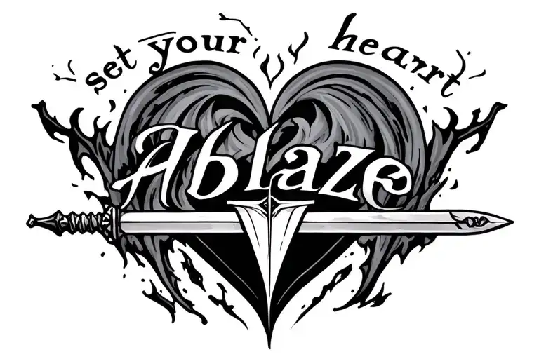 the phrase "set your heart ablaze", with a sword behind  tattoo design idea