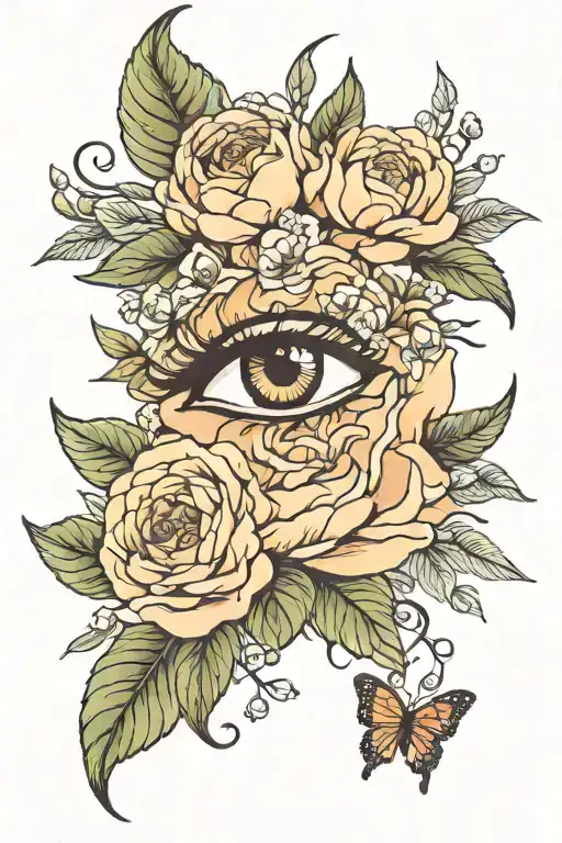 Eye tattoo with peonies, crystals and sage for wrap around forearm tattoo design idea