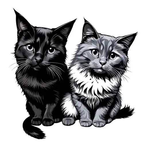 Do a tattoo stencil lines of 2 cats sat next to eachother. One black and small with short fur and one grey and fluffy tattoo design idea