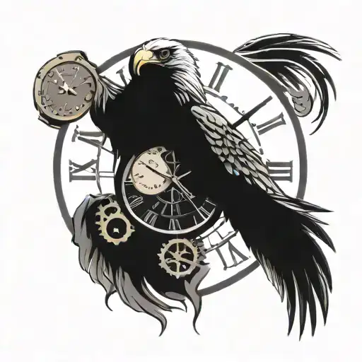 a tattoo of an eagle's head in the middle of a clock with a round hand broken in two tattoo design idea
