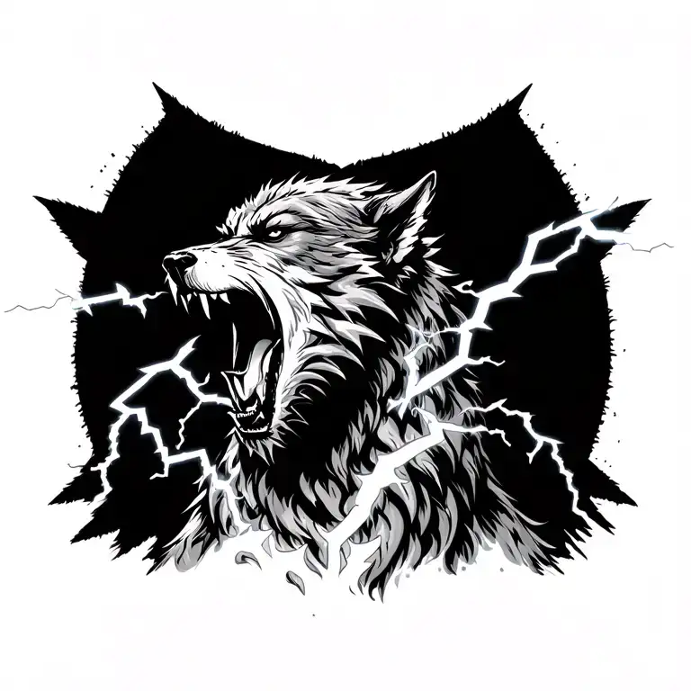 full body howling werewolf surrounded by lightning tattoo design idea