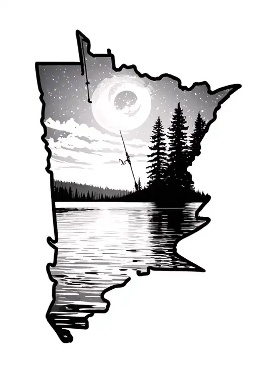 full sleeve, top 1/2 lake at day, bottom 1/2 lake at night mirrored vertically. Minnesota outline hidden in top. fishing tattoo design idea