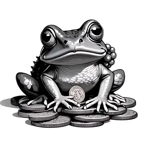 Center: Money Frog (Chan Chu) on coins, holding a lucky coin/beads. Style: Black & grey, sketch-style, bold lines. tattoo design idea