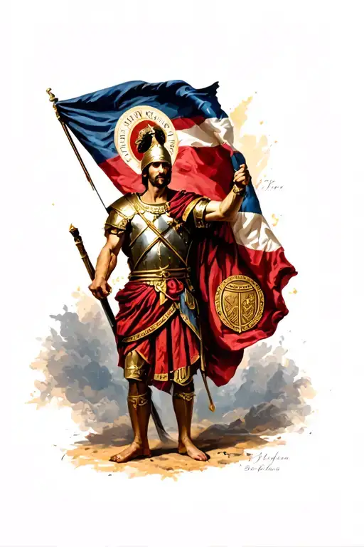 create ancient roman tattoo, with Latin words in background, roman Pretorian soldier holding a roman sigil standart flag tattoo design idea