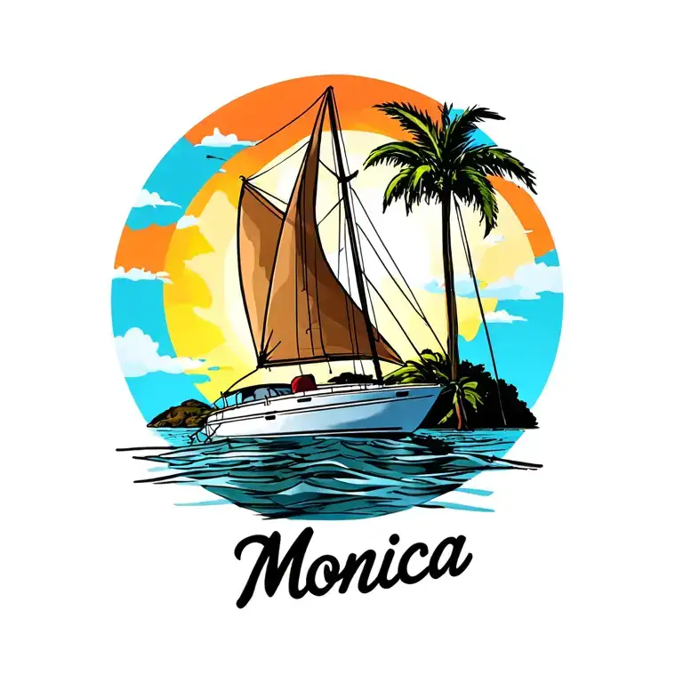 "Monica" white sailboat in foreground, background sunrise sky, small island in far background  plam vibrant colors no borders  tattoo design idea