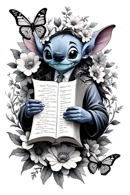 floral, butterflies, harry potter, book, stitch holding a scroll tattoo design idea