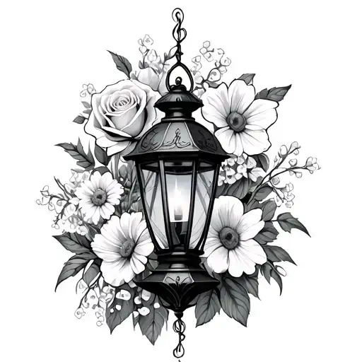 gothic lantern surrounded by rose, daisy, lily of the valley, narcissus, poppy, iris, daffodil, carnation tattoo design idea