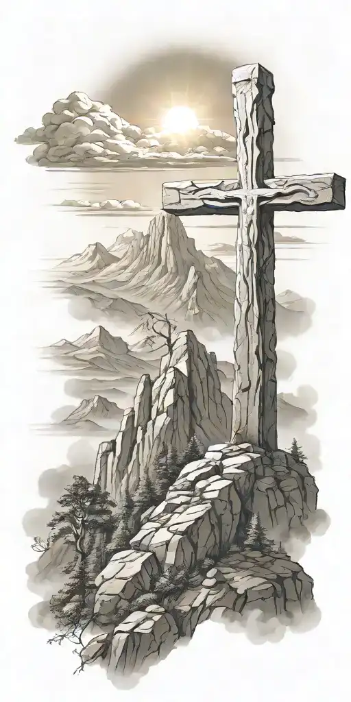 christian cross summit of a mountain landscape ray of sunshine, hyper realistic portrait of Jesus Christ,  tattoo design idea