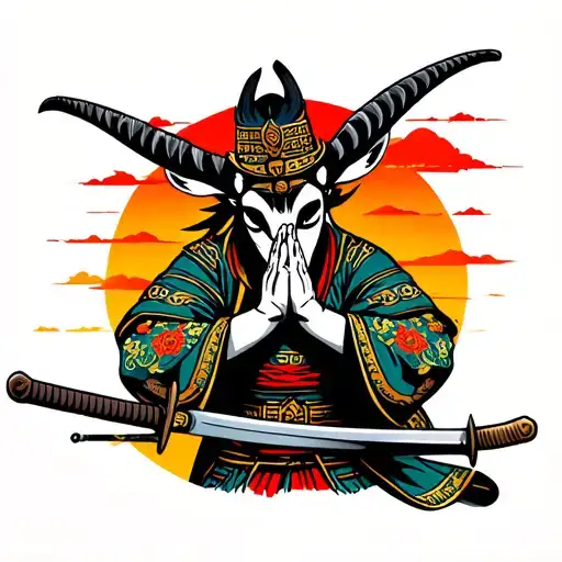 springbok samurai warrior holding sword praying add samurai towers and South African culture in the background tattoo design idea