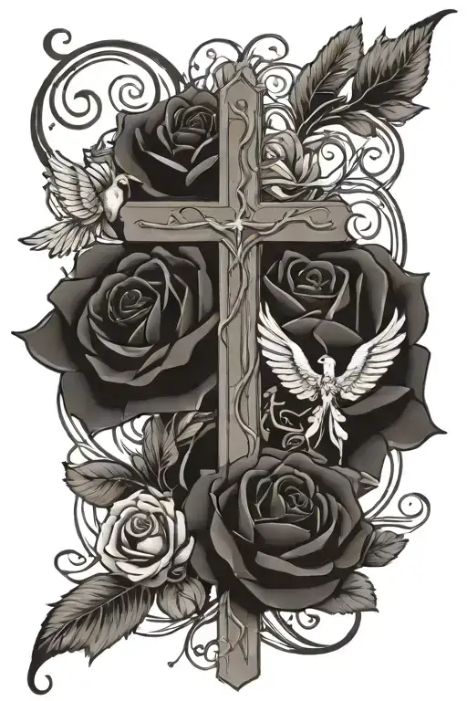 cross wrapped in in rose vines with 3 roses, also incorporate angel wings tattoo design idea