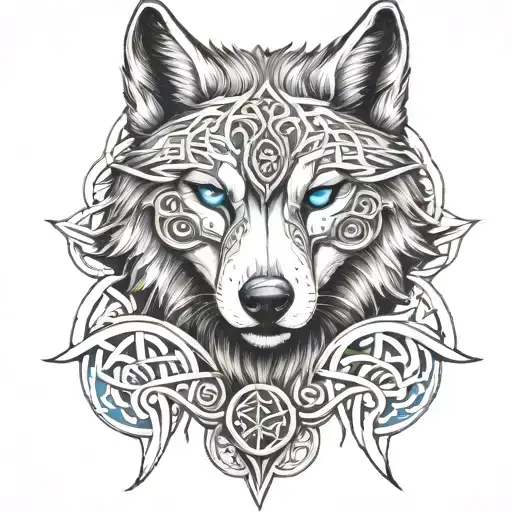 Wolf With Blue Eyes On Armor Tattoo Design Featuring Celtic Trinity Knot tattoo design idea