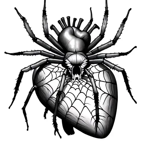 spider on realistic human heart making web on heart tattoo design idea