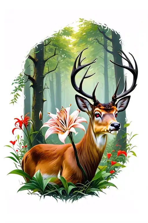 japanese red spider lily and deer with red eyes looking in the middle of forest tattoo design idea
