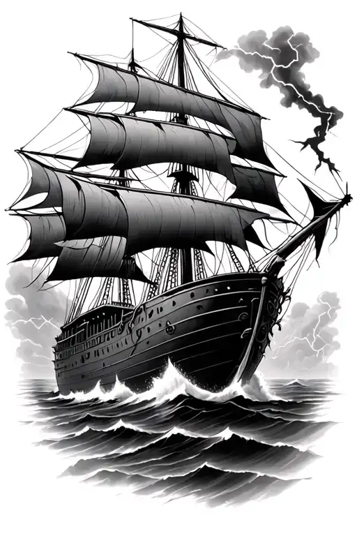 tattered ship surrounded by thunderstorm leviathan  tattoo design idea