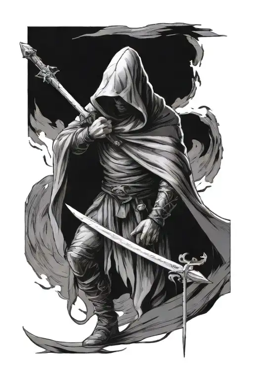 cloaked hoodied man with resting broadsword on shoulder long bow on back tattoo design idea
