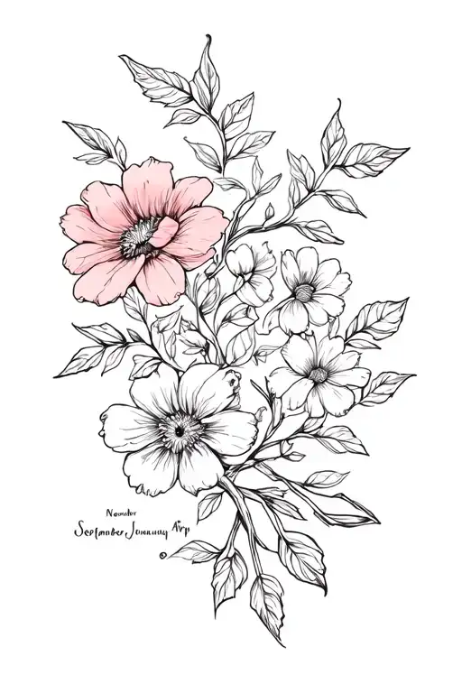 floral vine hip tattoo using the birth month flowers of November, September, April, January and august. tattoo design idea