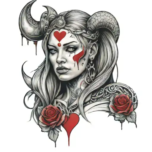Beautiful woman with viking tattoos, crying blue tears and holding anatomically correct red hearts facing forward tattoo design idea