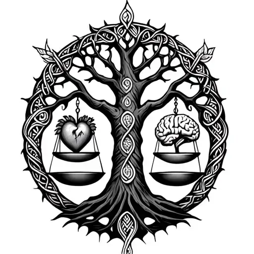a celtic tree of life with a set of scales in front of and seperate with a heart on one scale and a brain on the other  tattoo design idea