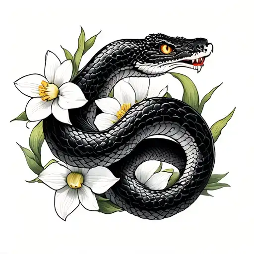 Chinese snake intertwined with daffodils tattoo design idea