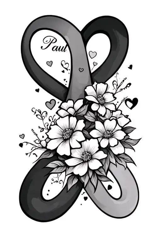 infinity sign incorporated with name Paul with flowers and hearts tattoo design idea