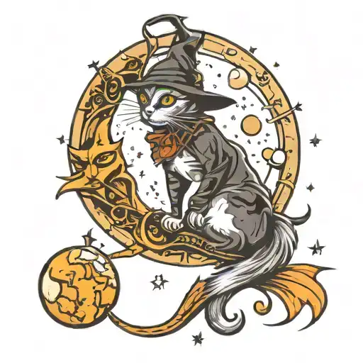 evil cat on the moon with witch on her broom tattoo design idea