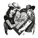 two name written on heart priya with dream trap and joleen with a hat cowboy tattoo design idea