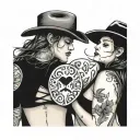 two name written on heart priya with dream trap and joleen with a hat cowboy tattoo design idea