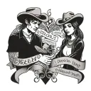 two name written on heart priya with dream trap and joleen with a hat cowboy tattoo design idea
