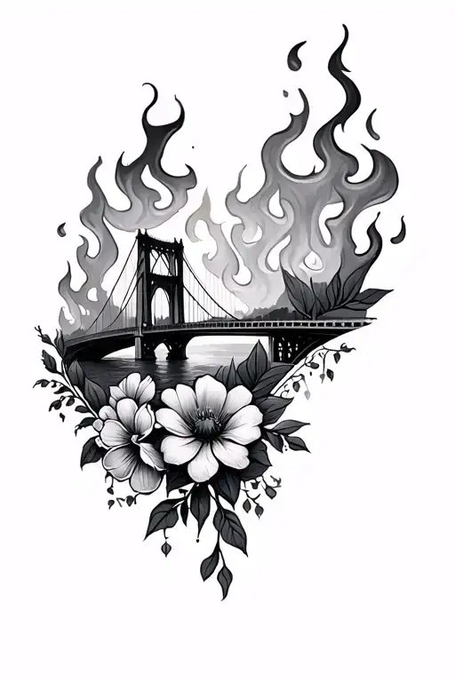 burning bridge; trauma; florals tattoo design idea