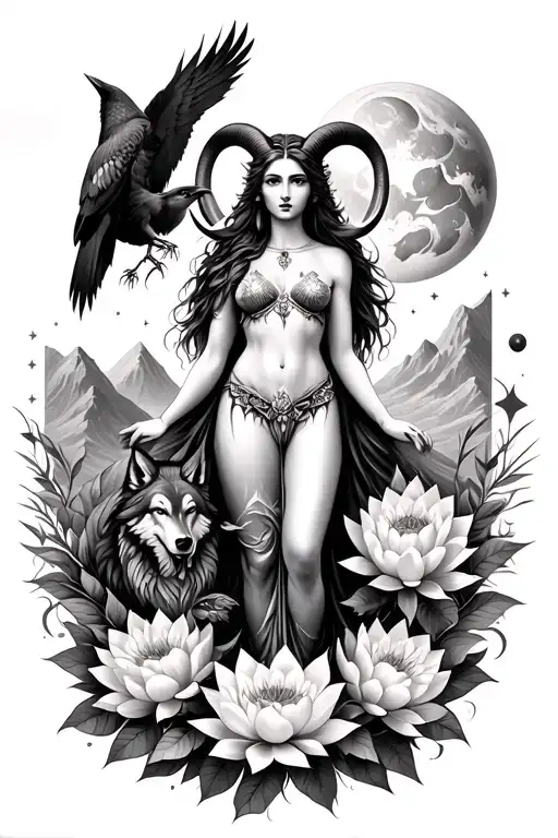 Aries Goddess Surrounded By Poeny And Lotus Flowers growing With A Wolf A hawk And Mountains Range and mars and stars  tattoo design idea