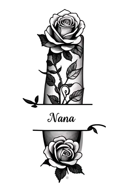 "Nana" "Nana" rose with a name through it on the middle finger tattoo tattoo design idea